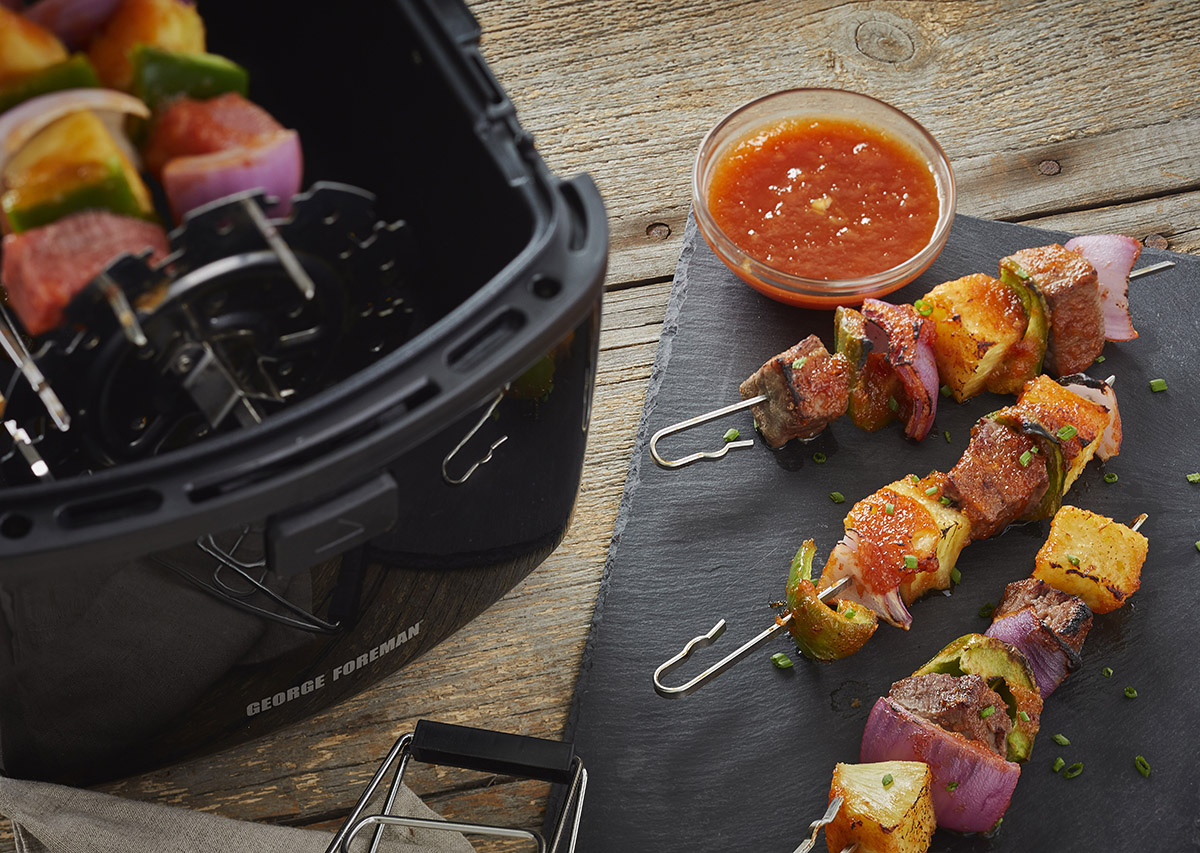 Air Fryer Bourbon Peach BBQ Kabobs Recipe Foreman